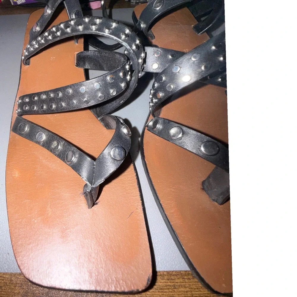 Zara Black Leather Studded Strappy Sandals Square Toe Block Heel EU 37 US 7 - Picture 6 of 6